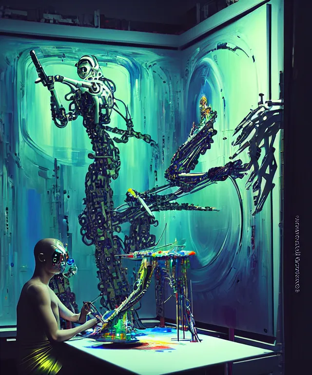 Image similar to photo of futuristic holy futuristic cyborg - robot - painter - artist creating a painting with acrylic paint and brushes in a futuristic artist studio by h. r giger, by, rich deep colors. masterpiece, intricate artwork by tooth wu and wlop and beeple, gaspar noe, james cameron,