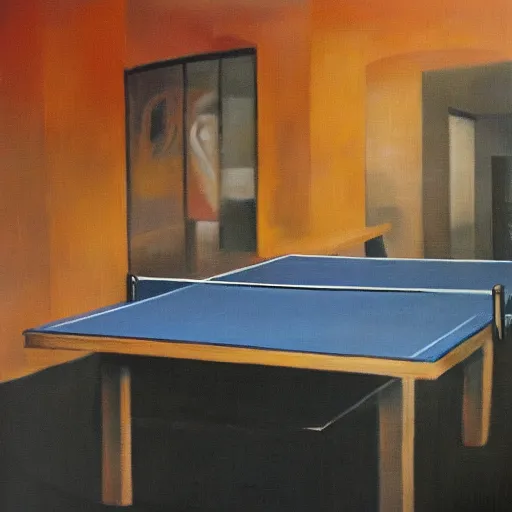 Prompt: Dos muxus xugando al ping pong sobro fondu naranxa, oil painting