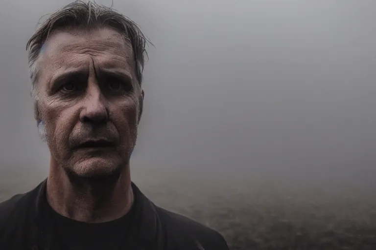 Image similar to a cinematic headshot portrait of an emotional middle aged male stood in a fog filled field, a cars headlights shines in the distance, perfectly lit face, ultra realistic, depth, beautiful lighting