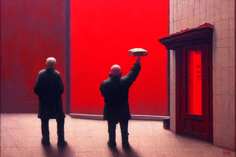 Image similar to only with red, a red old man try to sell a portrait, crowd cheering, in a city square, in the style of beksinski, parts by edward hopper, parts by rodcenko, parts by yue minjun, intricate and epic composition, red by caravaggio, insanely quality, highly detailed, masterpiece, red light, artstation, 4 k