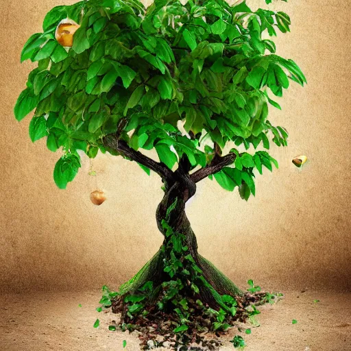 Image similar to a bag of potatoes with a magical tree growing out of it