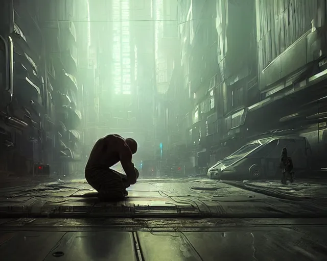 Image similar to sci fi cyberpunk fantasy art a man prays to the god of machines, by greg rutkowski ultrahd dark volumetric lighting hyper detailed unreal engine octane render