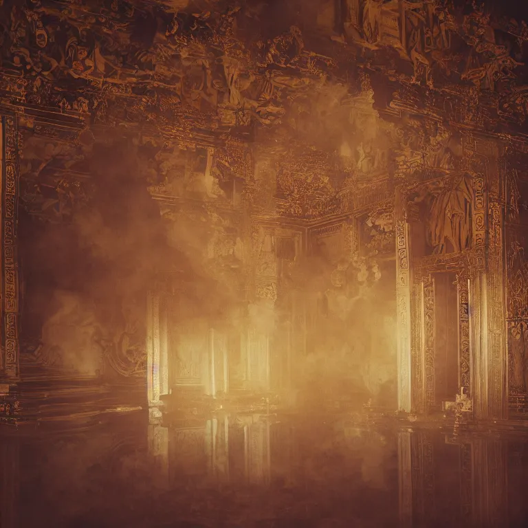 Image similar to a surreal explosion inside a marble temple, film photo, soft lighting album cover, nostalgia, gradient, light reflection