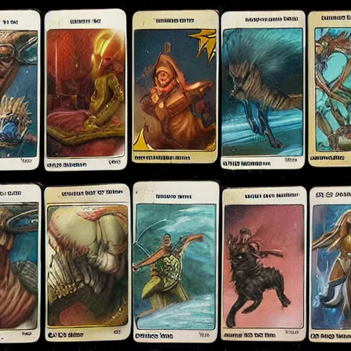 Prompt: fantasy art trading cards by frank freazetta