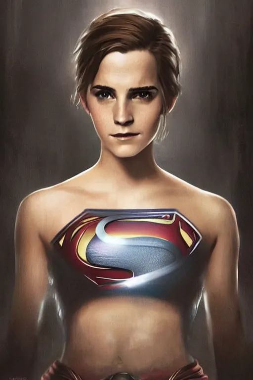 Image similar to a fancy close up of Man of Steel cast as Emma Watson by Greg Rutkowski, full body shot