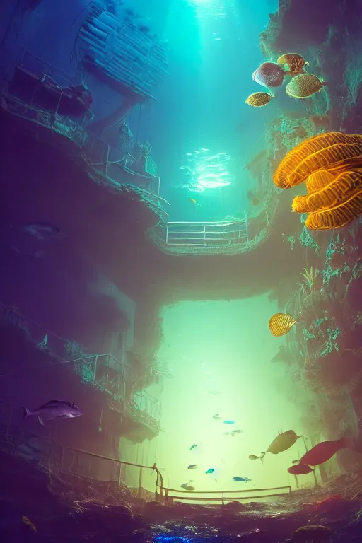 Prompt: high quality photo of cinematic underwater dystopian futurist city ruins with giant bioluminescent multicolored mutant fish and cyborg jellyfish, masterpiece, aykut aydogdu, very dramatic volumetric light, long shot, ground angle uhd 8 k, deep focus