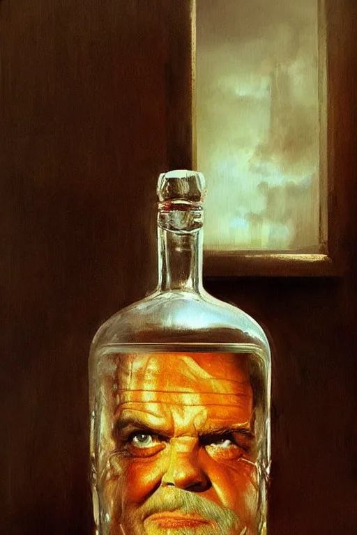 Prompt: a ship in a bottle but instead of a ship it is jack nicholson in the bottle, the shining, whiskey bottle, masterpiece painting by artgerm, ruan jia, tom bagshaw