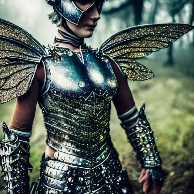 Image similar to full body photo of a fairy warrior wearing sparkly armour, highly detailed, 4 k, hdr, smooth, sharp focus, high resolution, award - winning photo