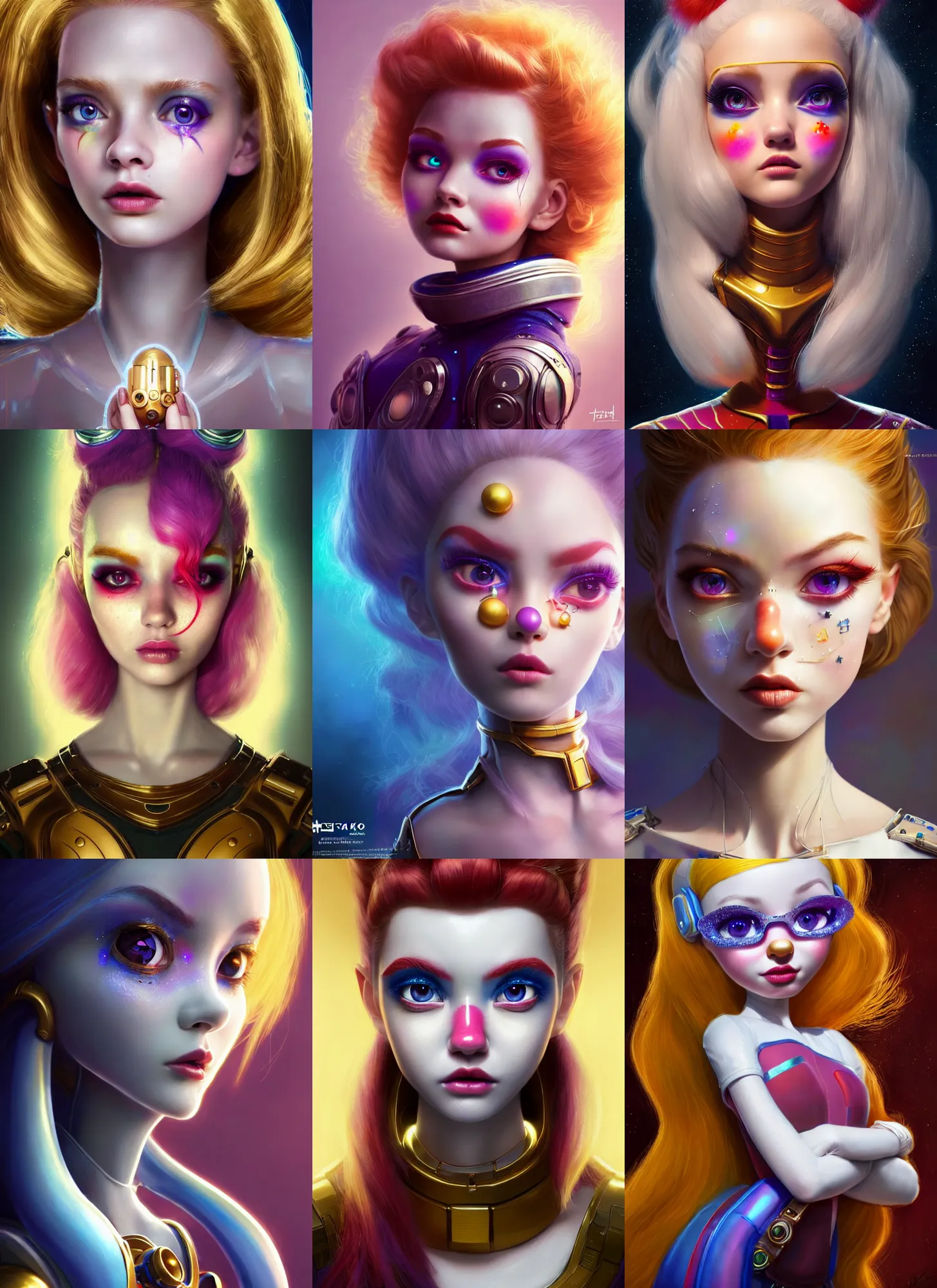 Prompt: pixar portrait 8 k photo, beautiful shiny white porcelain rich galactic jewel clowncore russian cyborg college girl, golden ratio details, sci - fi, fantasy, cyberpunk, intricate, decadent, highly detailed, digital painting, ever after high, octane render, artstation, concept art, smooth, sharp focus, illustration, art by artgerm, loish, wlop