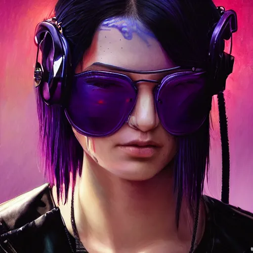 Image similar to very detailed masterpiece painting of a very beautiful wet young mexican cyberpunk woman with blue shutter shades, shaved one side haircut, dark purple hair, purple leather jacket, closeup, cyberpunk background, purple lighting, raining, portrait, artstation, concept art by greg rutkowski