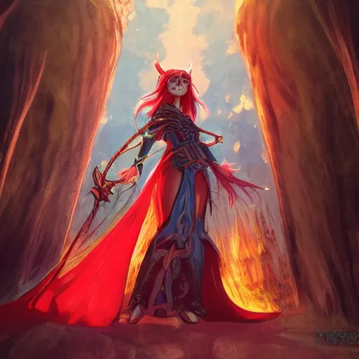 Prompt: an elven priestess with red long hair in a very good beautiful heavy scale armor, wearing a cape, casting a fire spell, dungeon background, magical, bright, colorful, fantastic lighting, amazing details, 4 k uhd, illustration by hayao miyazaki and makoto shinkai and ilya kuvshinov, artstation, pixiv,