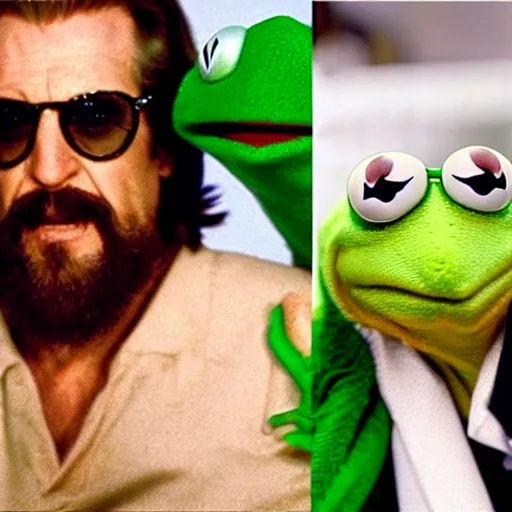 Prompt: the big lebowski played by kermit the frog