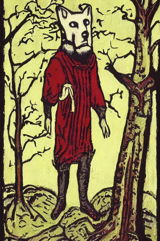 Prompt: a painting of slavic dog head man, woolen torso in medieval clothes, walking in the forest, in a white outfit, a character portrait by jean fouquet, reddit, synthetism, woodcut, grotesque, tarot card