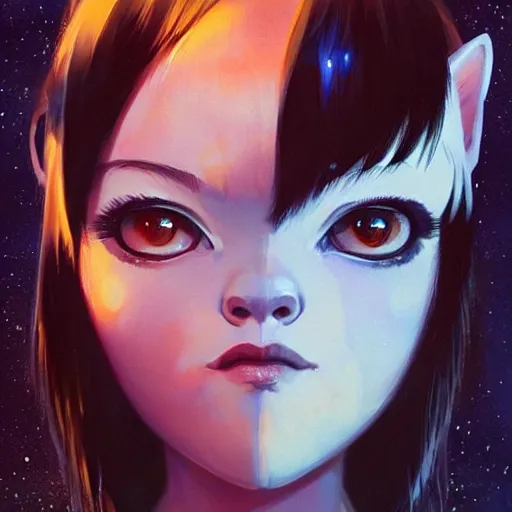 Image similar to A space realistic cat with big and cute eyes, fine-face, realistic shaded perfect face, fine details. realistic shaded lighting poster by Ilya Kuvshinov katsuhiro otomo ghost-in-the-shell, magali villeneuve, artgerm, Jeremy Lipkin and Michael Garmash, Rob Rey and Kentarõ Miura style, trending on art station