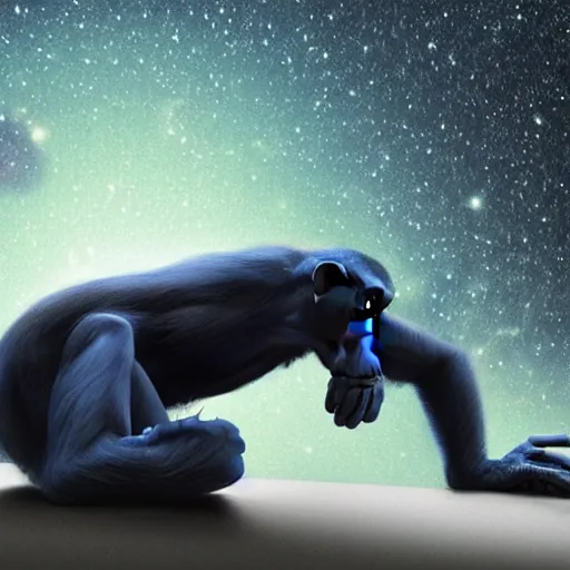 Image similar to a blue chimp is lying on his back, looking at the stars, 4 k, photo, beautiful, trending on artstation