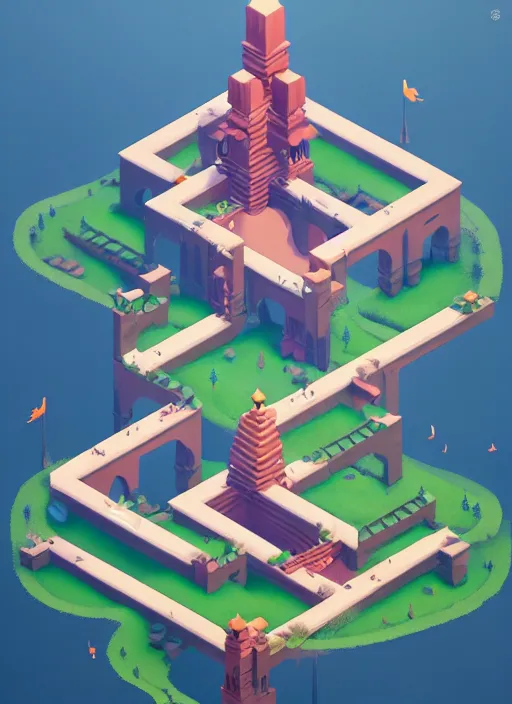 Image similar to a low poly isometric render of a kerala village in the style of monument valley, intricate, elegant, smooth, illustration, simple, solid shapes, by peter mohrbacher, phil noto, octane render