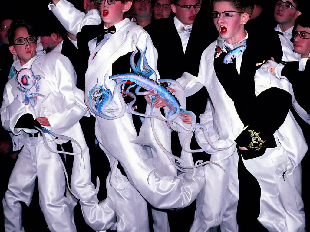 Prompt: a perfect photograph from the 1 9 9 5 world squid impersonator competition, held in monte carlo. the winner is resplendent like a prince. studio lighting, formal paparazzi style.