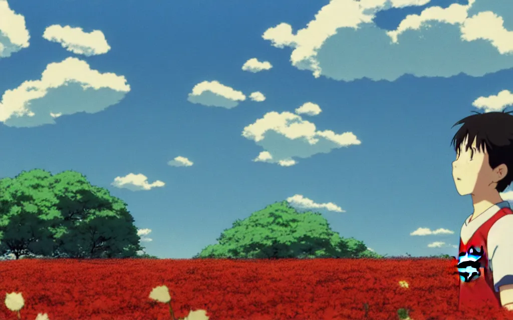 Image similar to a boy wearing a manchester united jersey day dreaming on a field of flower, beautiful bright blue sky. 35mm film. makoto shinkai, studio ghibli.