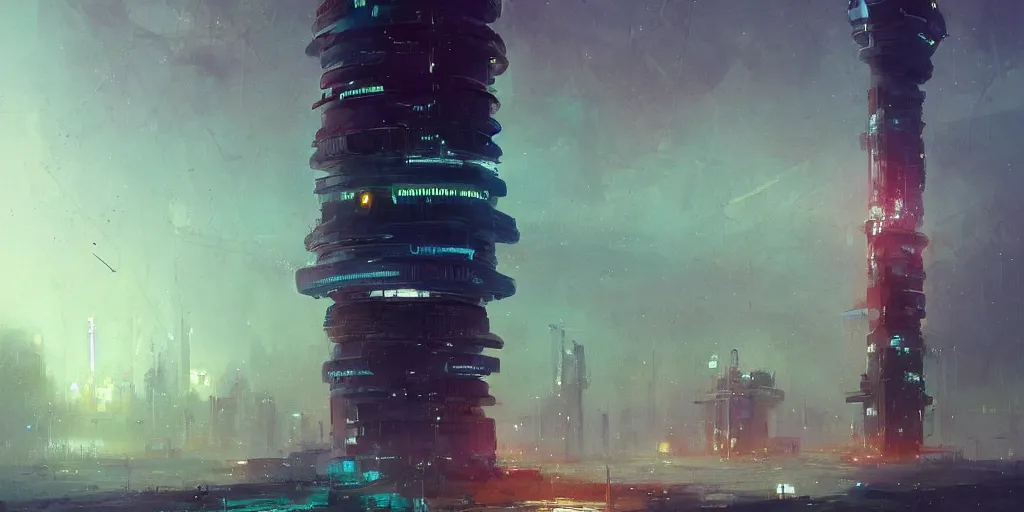 Image similar to concept art of a towering sci - fi lighthouse at the edge of a busy city, grimy, gritty, blade runner 2 0 4 9, trending on artstation, award winning painting, cgi, art by john berkey and anton fadeev and john howe and simon stalenhag