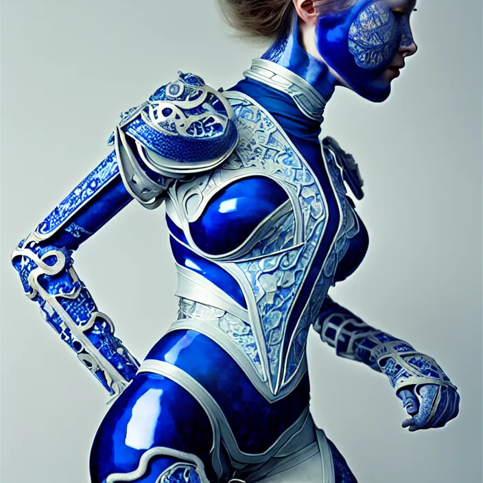 Image similar to porcelain cyborg armor, Chinese Blue and white porcelain, diffuse lighting, fantasy, intricate, elegant, highly detailed, lifelike, photorealistic, digital painting, artstation, illustration, concept art, smooth, sharp focus, art by John Collier and Albert Aublet and Krenz Cushart and Artem Demura and Alphonse Mucha