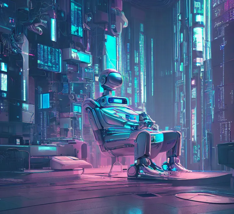 Prompt: hyperrealism stock photography of highly detailed stylish robot in cyberpunk sci - fi style by gragory crewdson and katsuhiro otomo, mike winkelmann with many details by josan gonzalez working at the highly detailed data center by mike winkelmann and laurie greasley hyperrealism photo on dsmc 3 system rendered in blender and octane render