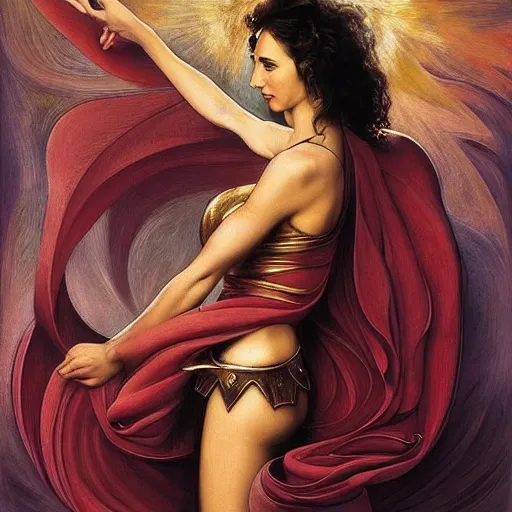 Image similar to Full body oil painting of the beautiful woman Gal Gadot, she is wearing a peplos and a surreal ornate, her hair is natural disheveled, she is approaching heaven over the clouds, naturalism, dramatic lighting, high-detailed oil painting by Ilya Repin, Michelangelo da Caravaggio, William Blake, Alex Grey and Beksinski, trending on Artsation, hystorical painting, naturalism, masterpiece, 4k, 8k,