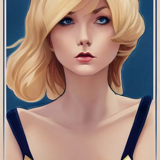 Prompt: a beautiful pin - up portrait of a beautiful cute superhero woman, blonde hair, bob haircut, matte navy - blue bodysuit, white cape, intricate, elegant, 8 k, highly detailed, digital painting, concept art, smooth, sharp focus, illustration, anime, artgerm and loish and wlop and alphonse mucha