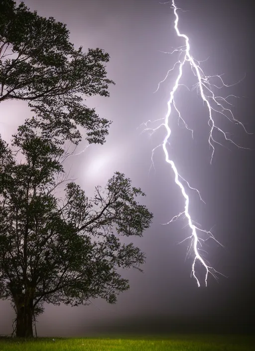 Image similar to a 2 8 mm macro photo of lightning striking the top of a tree in a field, long exposure, misty, night, splash art, movie still, bokeh, canon 5 0 mm, cinematic lighting, dramatic, film, photography, golden hour, depth of field, award - winning, anamorphic lens flare, 8 k, hyper detailed, 3 5 mm film grain