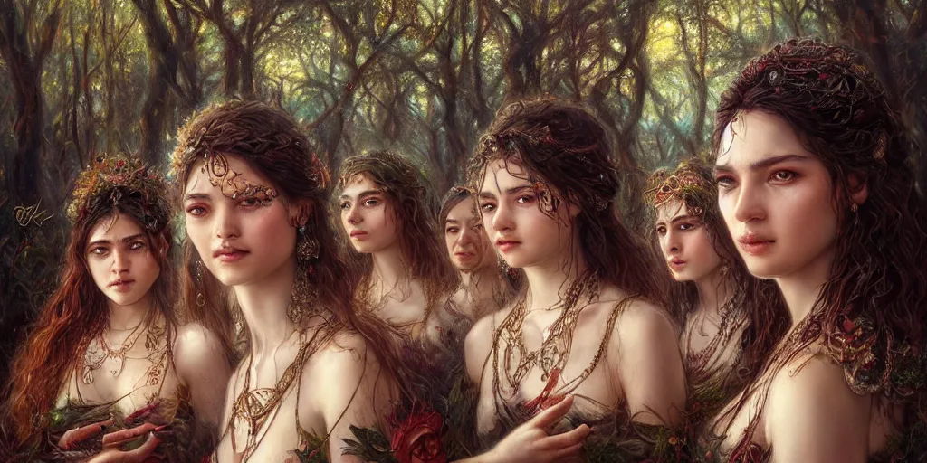 Prompt: a portrait of a group of female gypsies bathing in a forest lake by karol bak and jia ruan, beautiful detailed eyes, photorealistic, fantasy, intricate, elegant, highly detailed, digital painting, 4 k, hdr, concept art, detailed jewelry, smooth, sharp focus, illustration, art by artgerm