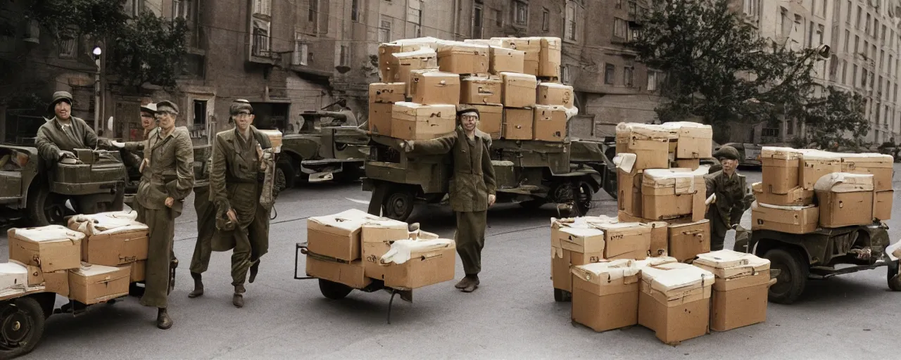 Image similar to transporting spaghetti boxes, world war 2, u. s. army, canon 5 0 mm, kodachrome, in the style of wes anderson, retro