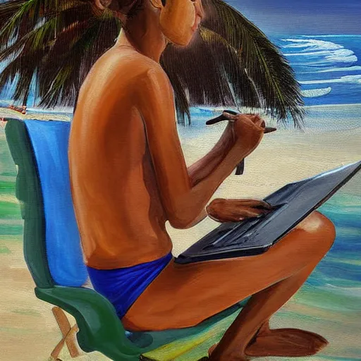 Prompt: person sitting on a Carribean beach typing on a computer, high detail painting