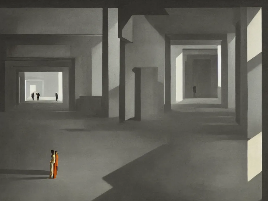 Image similar to colorful minimalist industrial interior hallway with monolithic pillars in the style of ridley scott and stanley kubrick, impossible stijl architecture, science fiction, lone silhouette in the distance, ultra wide angle view, cinematic, noir, god rays, volumetric lighting, realistic detailed painting by edward hopper