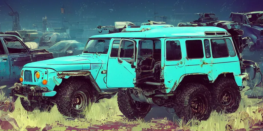 Image similar to digital illustration of a futuristic faded cyan mad max's fj 4 0 decrepit!!!! pursuit special, rusty!!! cyberpunk nissan fj cruiser heavily modded 1 9 9 0 s, the last v 8 interceptor by makoto shinkai, ilya kuvshinov, lois van baarle, rossdraws, basquiat