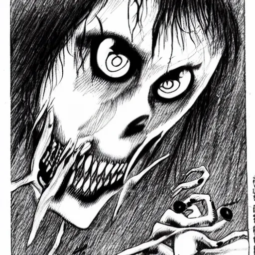 Prompt: a horrifying hantu drawn by junji ito, scary, demonic, black and white