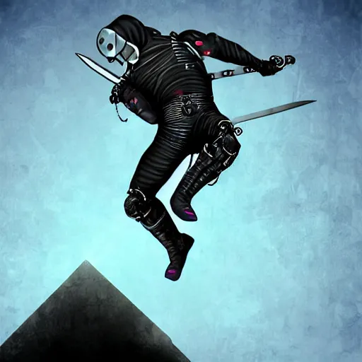 Prompt: cybernetic ninja jumping across a gap, digital art, sword