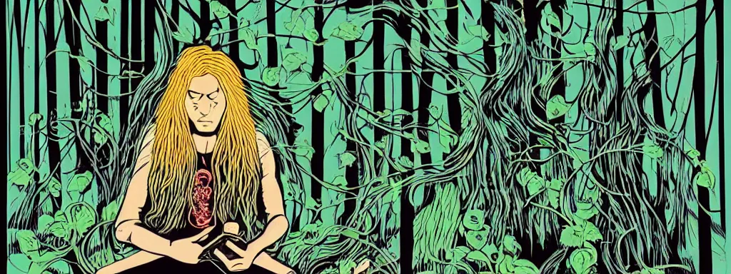 Image similar to a grunge technogaianist long-haired blonde digital musician playing modular synthesizer in the forest, technology and nature swirling in harmony, plugging vines into the synthesizer, trees swaying to the beat, postmodern surrealist concert poster, grainy poster art, hand drawn matte painting by Tara McPherson and Gary Houston, smooth, sharp focus, extremely detailed, 50mm.