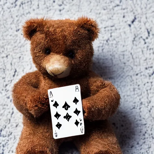 Prompt: a photograph of a teddybear holding a pack of playing cards, 50mm, depth of field