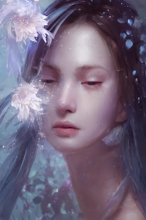 Image similar to face closeup a young beautiful girl drowned in water exploding into electricity, wearing crystal white feathers, 3 d render, hyper realistic detailed portrait, holding magic flowers, ruan jia, wlop. scifi, fantasy, hyper detailed, octane render, concept art, by peter mohrbacher, by wlop, by ruan jia