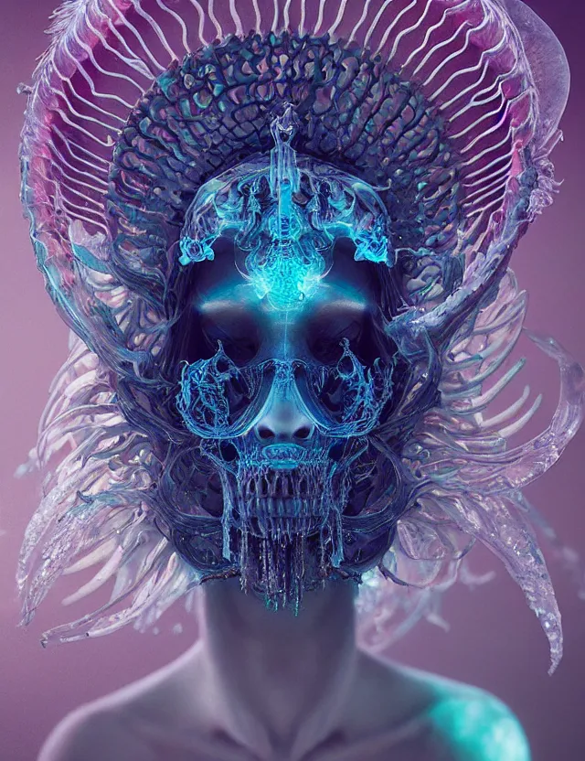 Image similar to goddess close - up portrait wigh crown made of ram skull. betta fish, jellyfish skeleton phoenix, bioluminiscent, plasma, ice, water, wind, creature, super intricate ornaments artwork by tooth wu and wlop and beeple and greg rutkowski