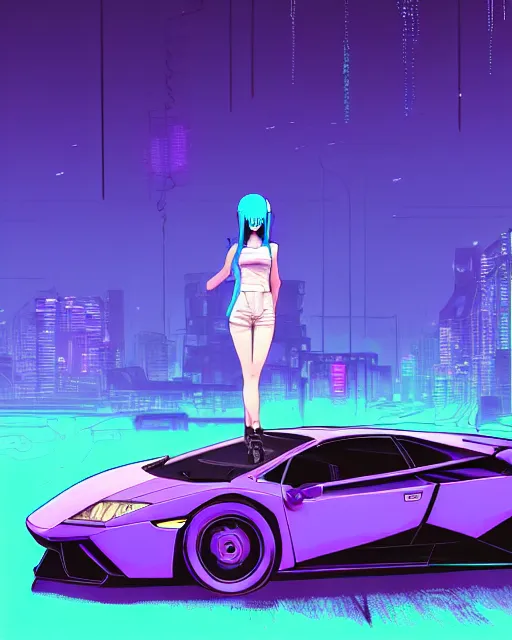 Image similar to digital illustration of cyberpunk pretty girl with blue hair, standing in front of a purple lamborghini, in junkyard at night, by makoto shinkai, ilya kuvshinov, lois van baarle, rossdraws, basquiat