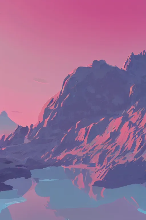 Prompt: sunrise mountain water concept art digital art by james gilleard trending on artstation