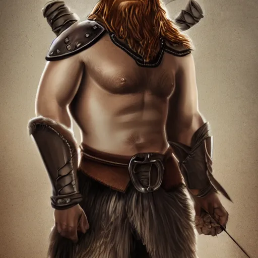 Image similar to ginger viking with flowing long wavy hair in leather armor, very pale, very hairy chest, bare chest, very thick legs, bare legs, husky body type, very muscular, very tall, full body picture, fantasy, dungeons and dragons, detailed digital art, 4 k