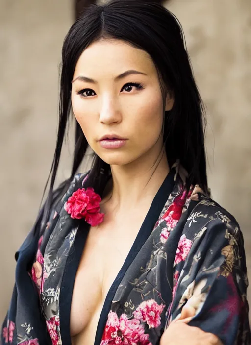 Image similar to portrait of japanese lara croft wearing kimono, by charlotte grimm, natural light, detailed face, beautiful features, symmetrical, canon eos c 3 0 0, ƒ 1. 8, 3 5 mm, 8 k, medium - format print, half body shot