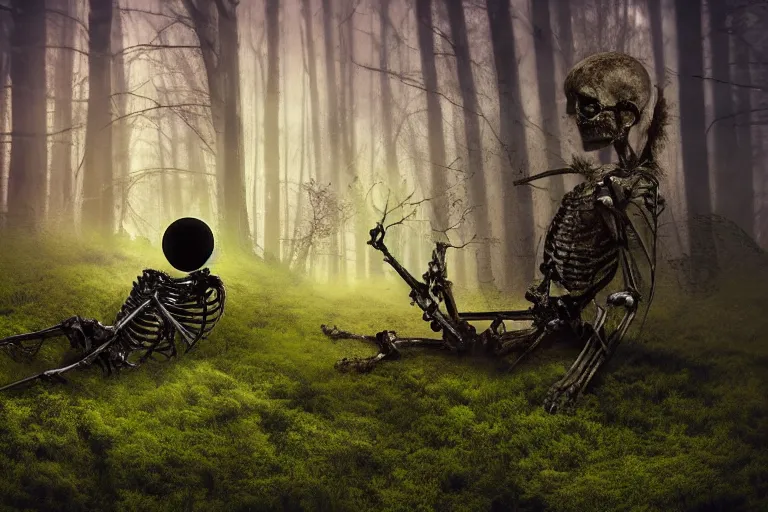 Image similar to a burning with fire human skeleton sitting behind computer, overgrown with moss, in foggy forest, at night with moon light, dark atmosphere, fantasy, digital art