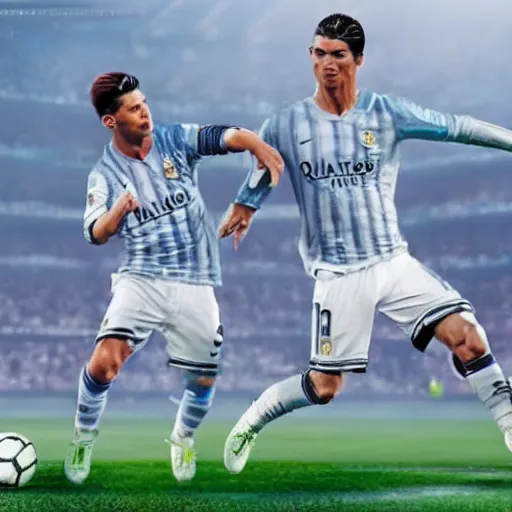 Image similar to messi and cristiano ronaldo playing football together, 8 k, 4 k uhd, realistic, hyper realistic, super detailed, very detailed, detailed