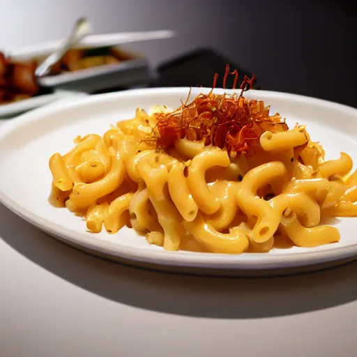 Image similar to high end food plating for Kraft Macaroni and Cheese. Michelin five star restaurant, food blog