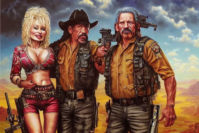 Prompt: portrait of dolly parton and danny trejo with guns fighting a drug cartel, an oil painting by ross tran and thomas kincade