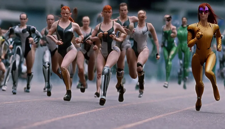 Image similar to The matrix, LeeLoo, Starship Troopers, Clarice Starling, Sprinters in a race with a clear winner, The Olympics footagein a stadium, intense moment, cinematic stillframe, Robby Mueller, The fifth element, vintage robotics, formula 1, starring Geena Davis, sports photography, clean lighting