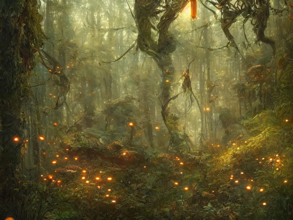 Prompt: Painting of a fantasy forest with mushrooms and fireflies, intricate, wild, highly detailed, digital painting, artstation, concept art, smooth, sharp focus, illustration, art by artgerm and greg rutkowski and alphonse mucha