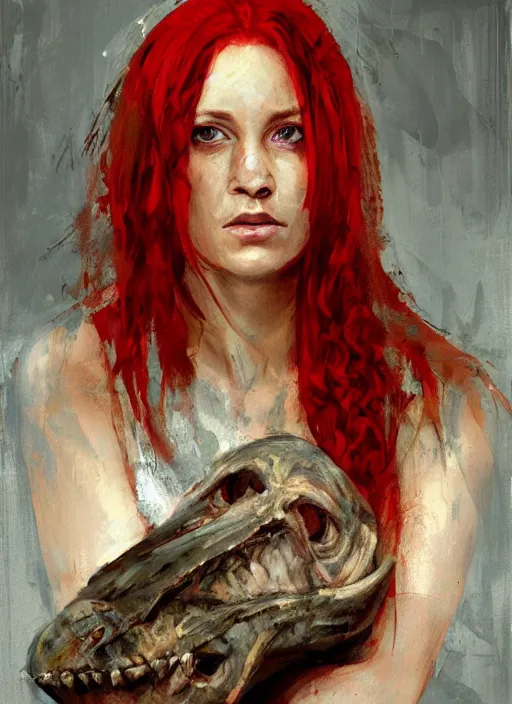 Image similar to portrait painting of beautiful red head ancient irish celtic priestess holding a velociraptor skull, by jeremy mann, only one head single portrait